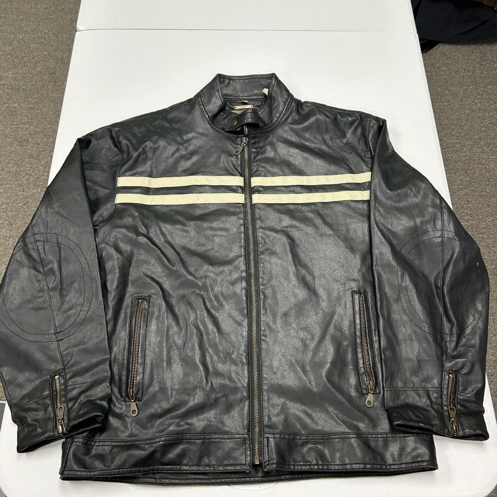 PX genuine Leather Cafe Racer Jacket Mens L Black Cream Stripe Moto Biker E2